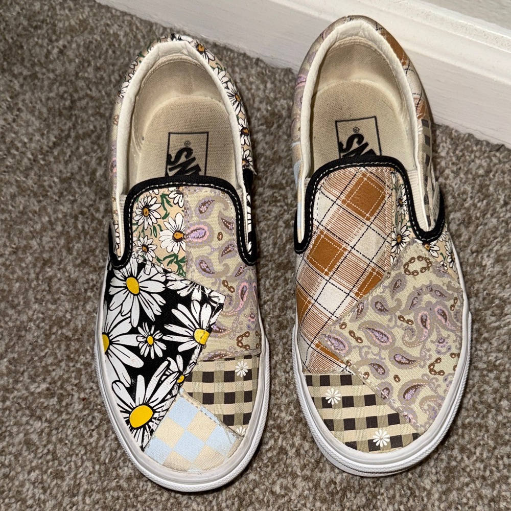 Vans Women’s Patchwork Slip-On Sneakers - Black, White, Tan
